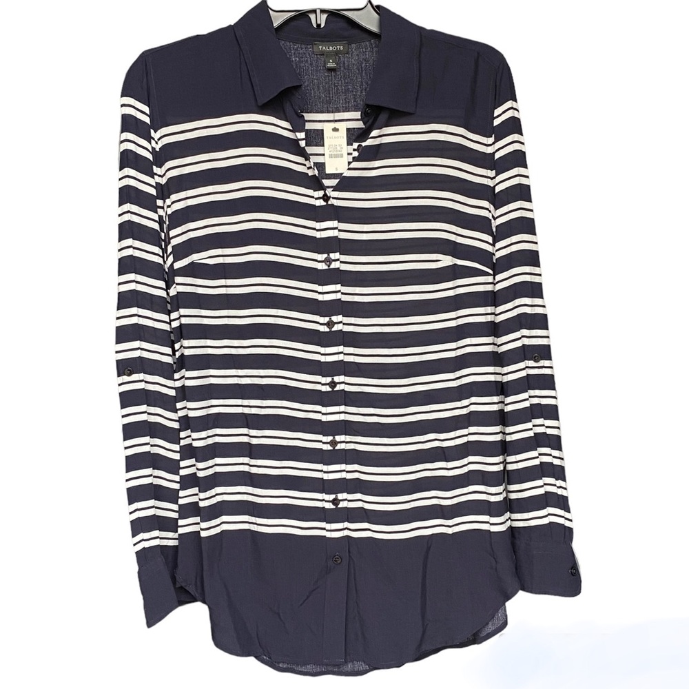Talbots Long Sleeve Button Down Light Weight Tunic Navy/White | Size Small NWT